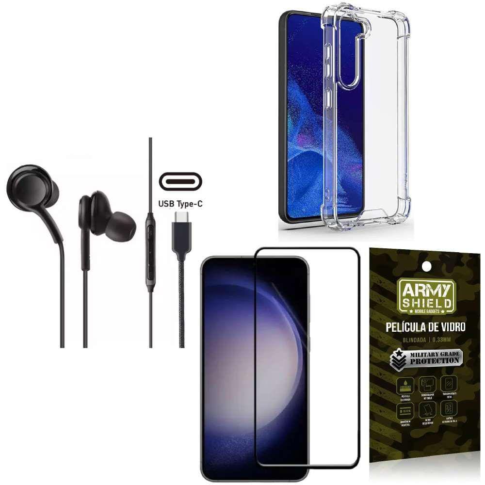 Capinha Samsung S23 Fe + Fone de Ouvido Intra Auricular Preto + Película 3D