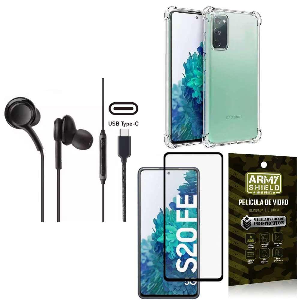 Capinha Samsung S20 Fe + Fone de Ouvido Intra Auricular Preto + Película 3D