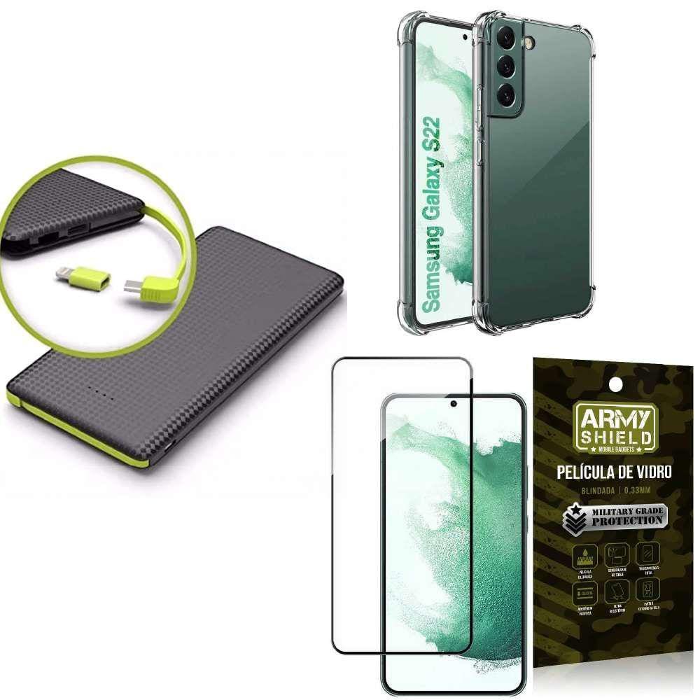 Capinha Samsung S22 + Carregador Portátil 5.000 maH + Película 3D