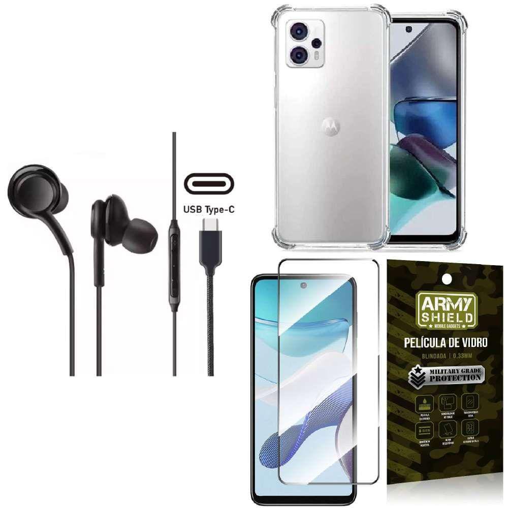 Capinha Moto G23 + Fone de Ouvido Intra Auricular Preto + Película 3D