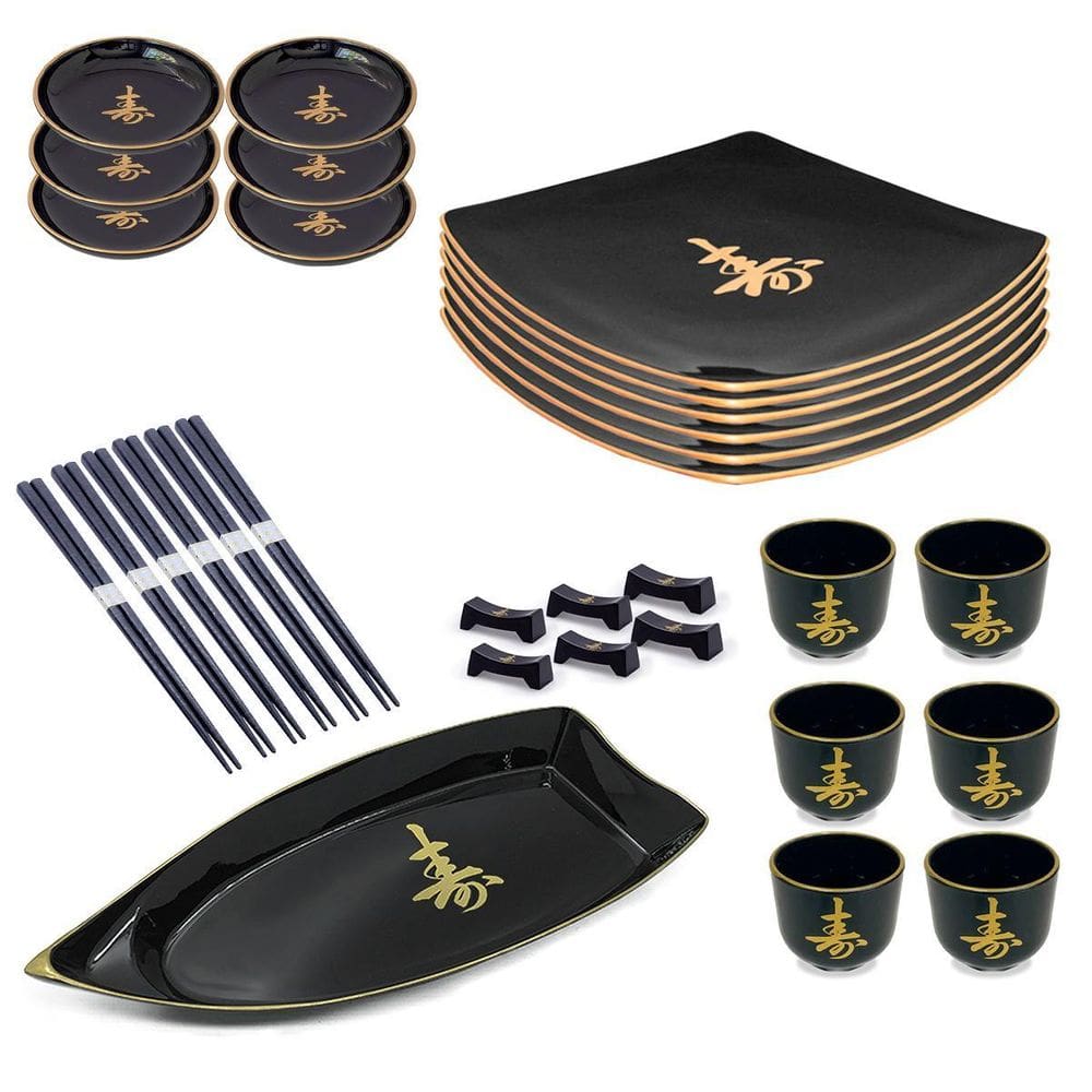 Kit 6 Pessoas Jogo Comida Japonesa Barca Guinomi Prato Preto