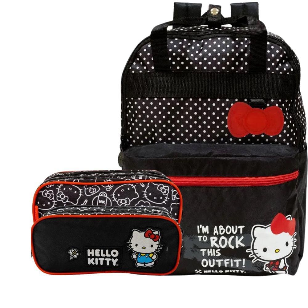 Kit Mochila de Costas e Estojo Escolar Hello Kitty Xeryus | Personagem | Desenho | Laço Removivel | Fofa | Gatinha