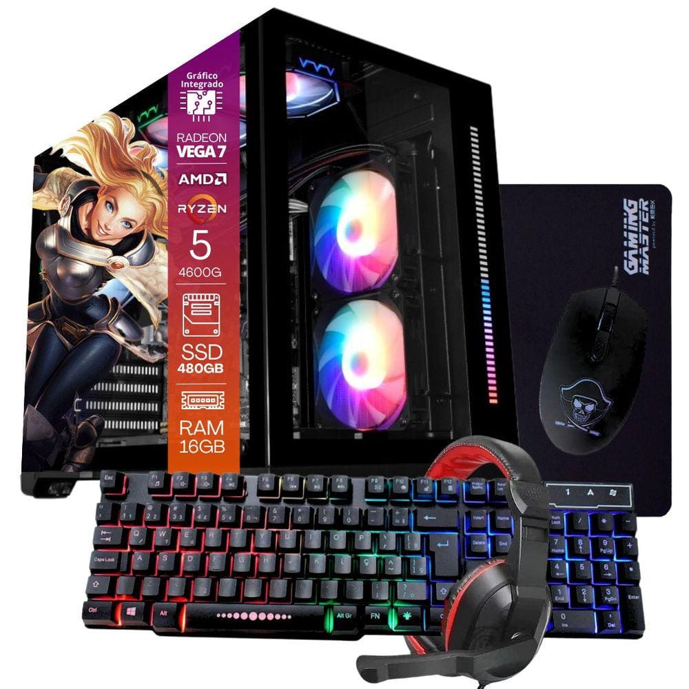 Computador Gamer TOB Ryzen 5 4600g SSD 480GB 16GB Windows 10 Pro Trial, Teclado/Mouse, Mouse Pad, Headset