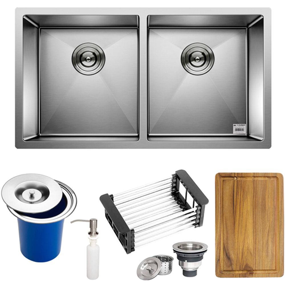 Cuba Dupla Quadrada Inox 304 Cozinha Pia Embutir  Gourmet 8040 Premium  Lixeira Embutir 5L, Tábua Multiuso e Acessórios