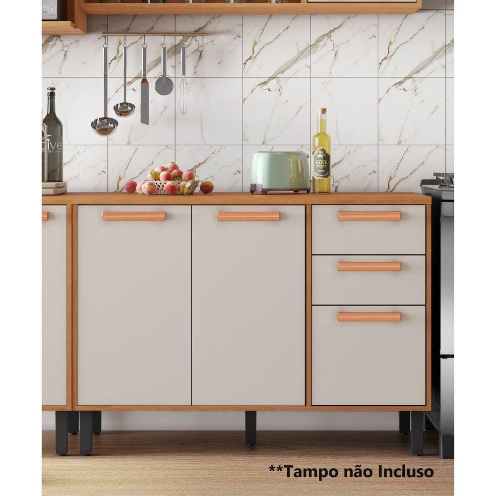 Balcão 3 Portas 2 Gavetas 120cm sem Tampo Nápoles Cinamomo/Off White