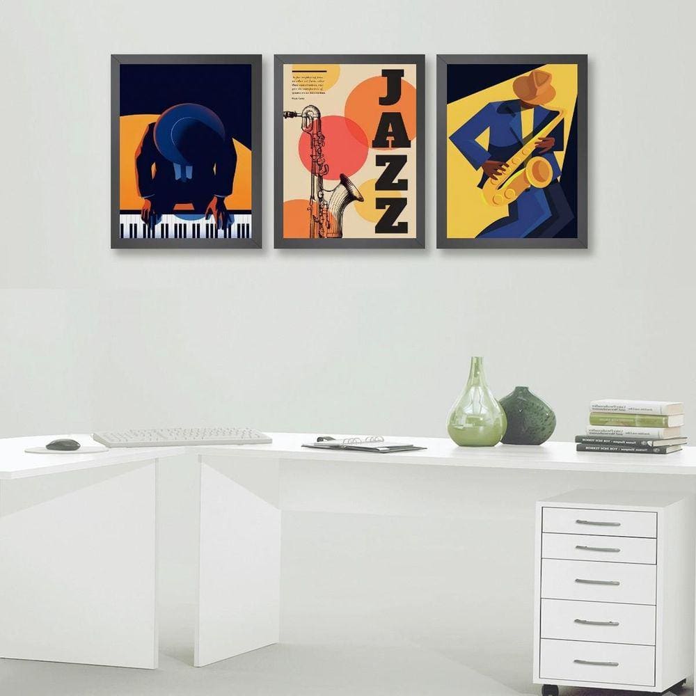Kit 3 Quadros Decorativos Jazz 24x18cm - Madeira Branca