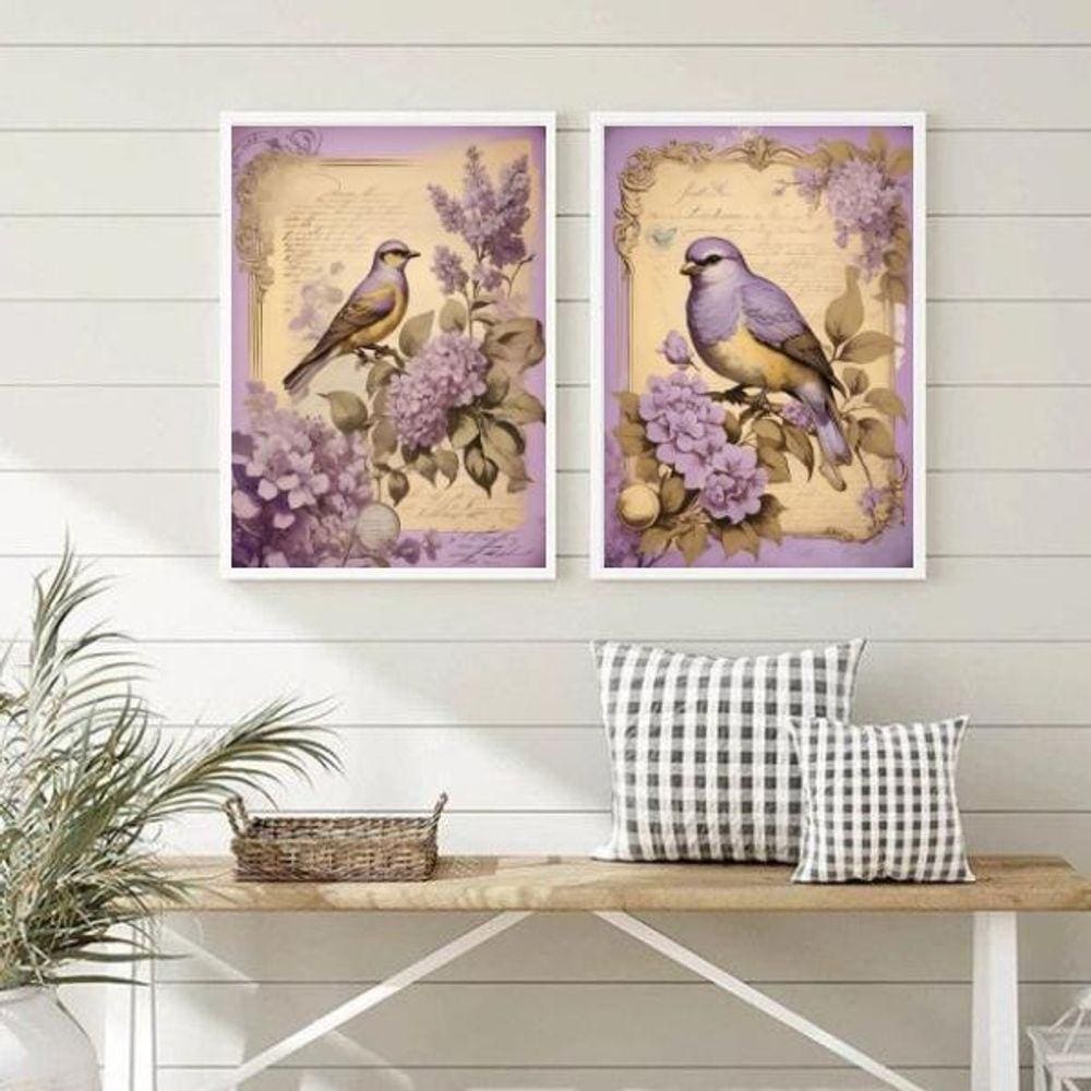 Quadros Passarinhos Bougainville 45x34cm - Kit 2 | Moldura Branca | Vidro | Decoração | Alta Resolução