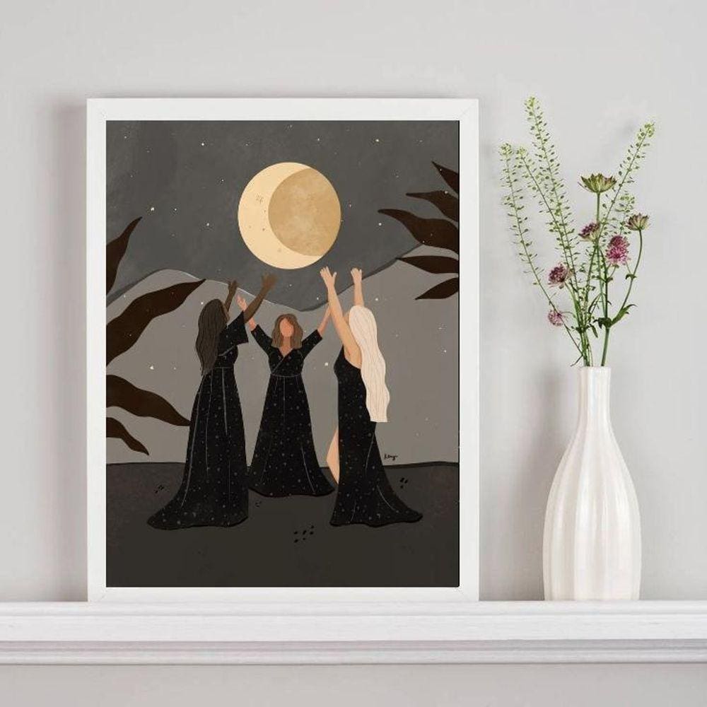 Quadro Wicca Ritual da Lua 45x34cm - Madeira Branca