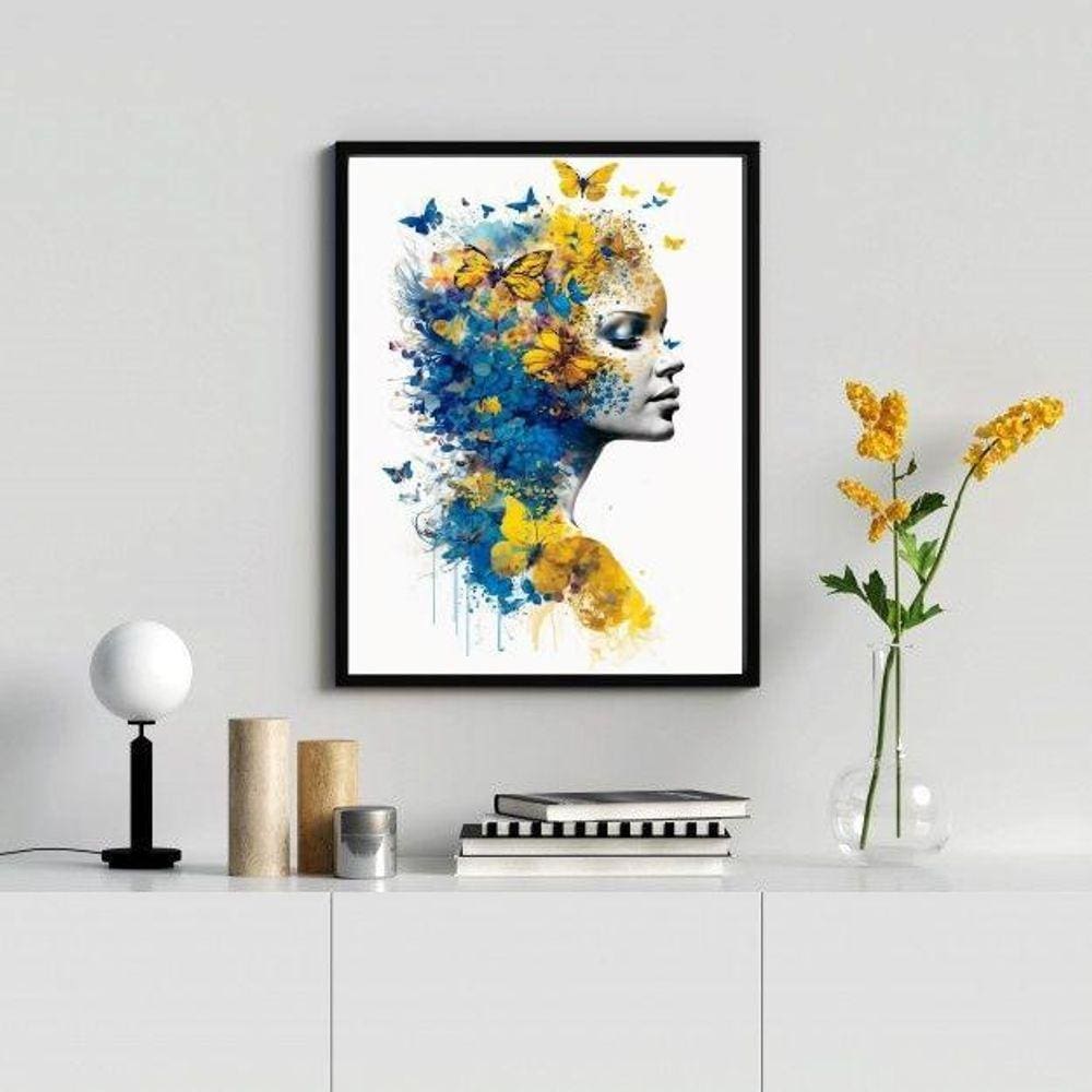 Quadro Decorativo Mulher Borboletas 45x34cm - Madeira Branca