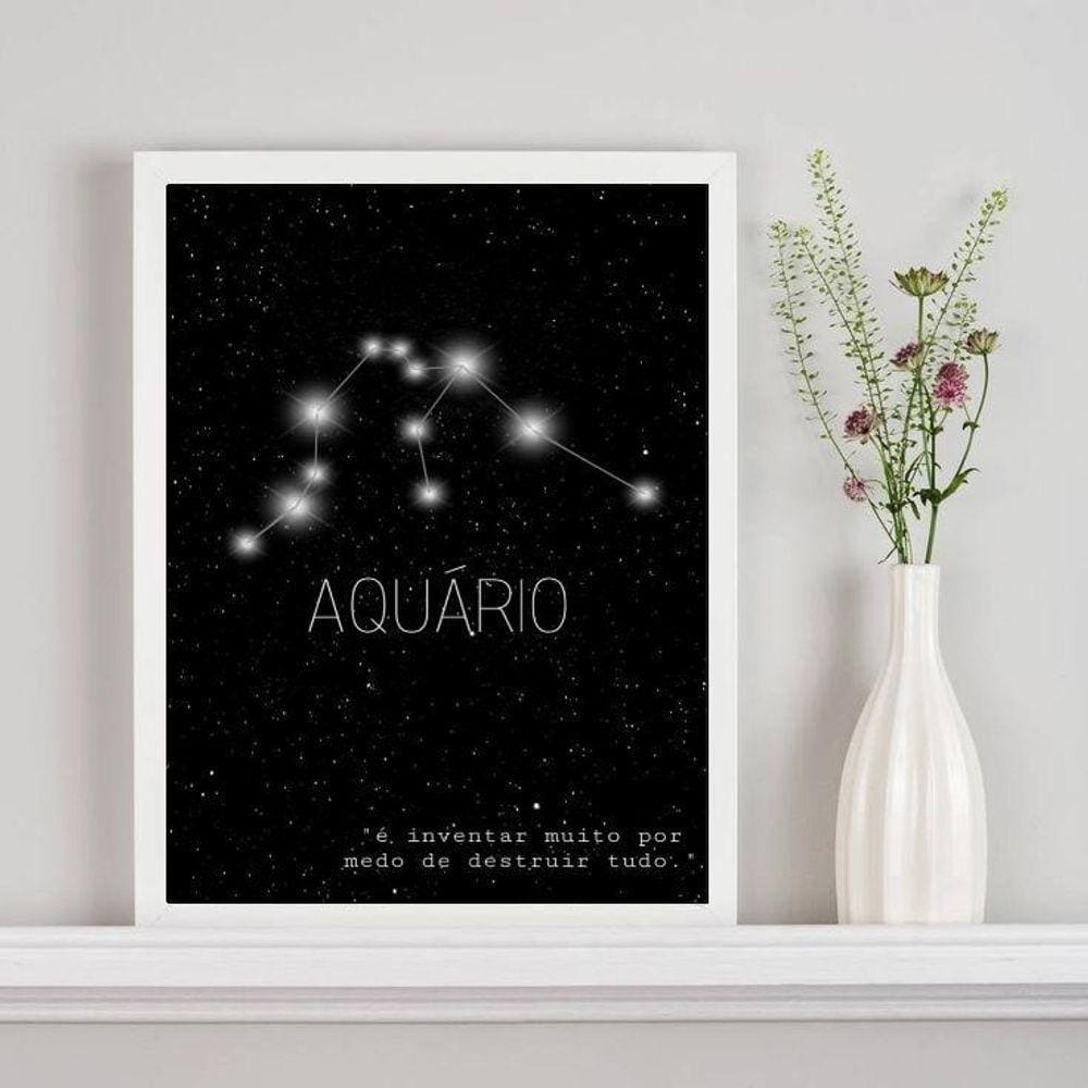 Quadro Constelação Signo Aquário 24x18cm - Vidro, Madeira Branca