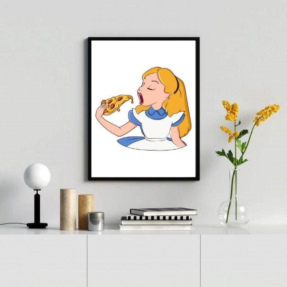 Quadro Decorativo Pizza Alice 33x24cm Moldura Madeira Branca