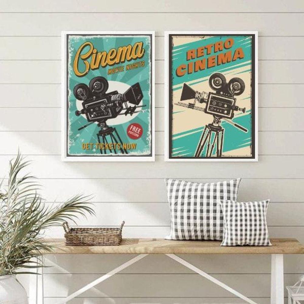 Kit 2 Quadros Cinema Retrô Azul 33x24cm Madeira Branca