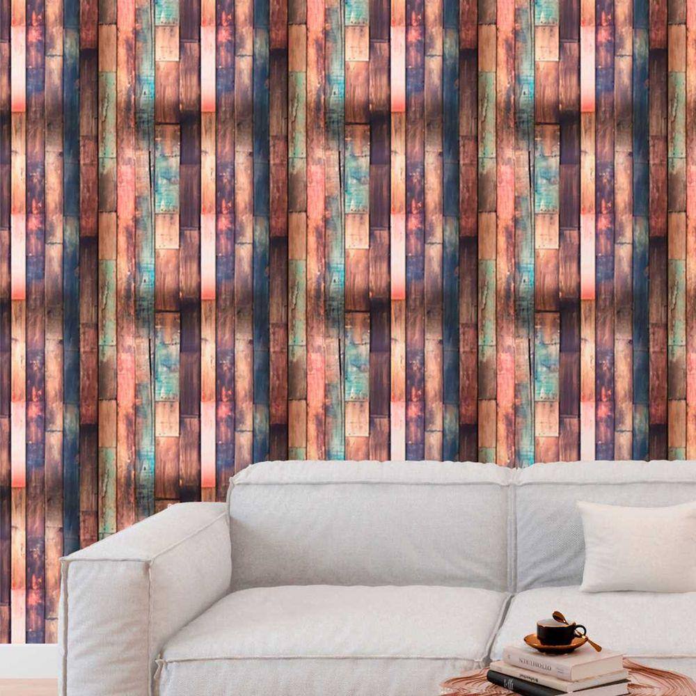 Papel de Parede Auto Adesivo Madeira tábua Colorida envelhecida Vinilíco Decorativo Cozinha 6m