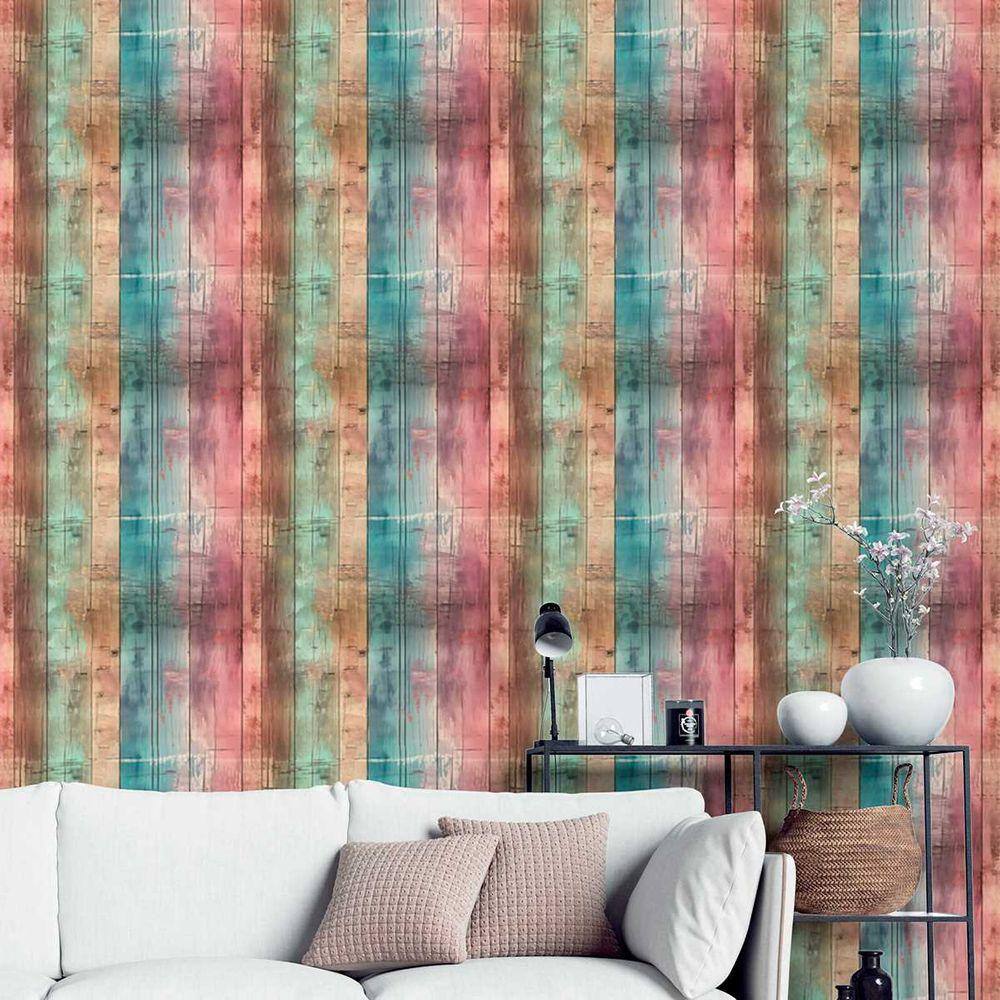 Papel de Parede Auto Colante Madeira colorida efeito demolição decorativo Vinil Quarto Cozinha 9m