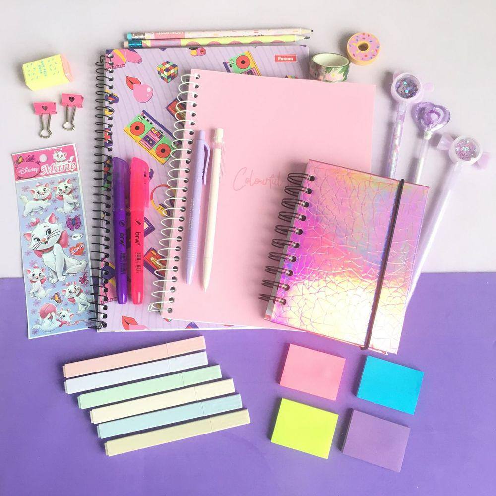Kit Papelaria COMBO MASTER Tons de Rosa e Lilas Canetas Caderno Agenda 2.0