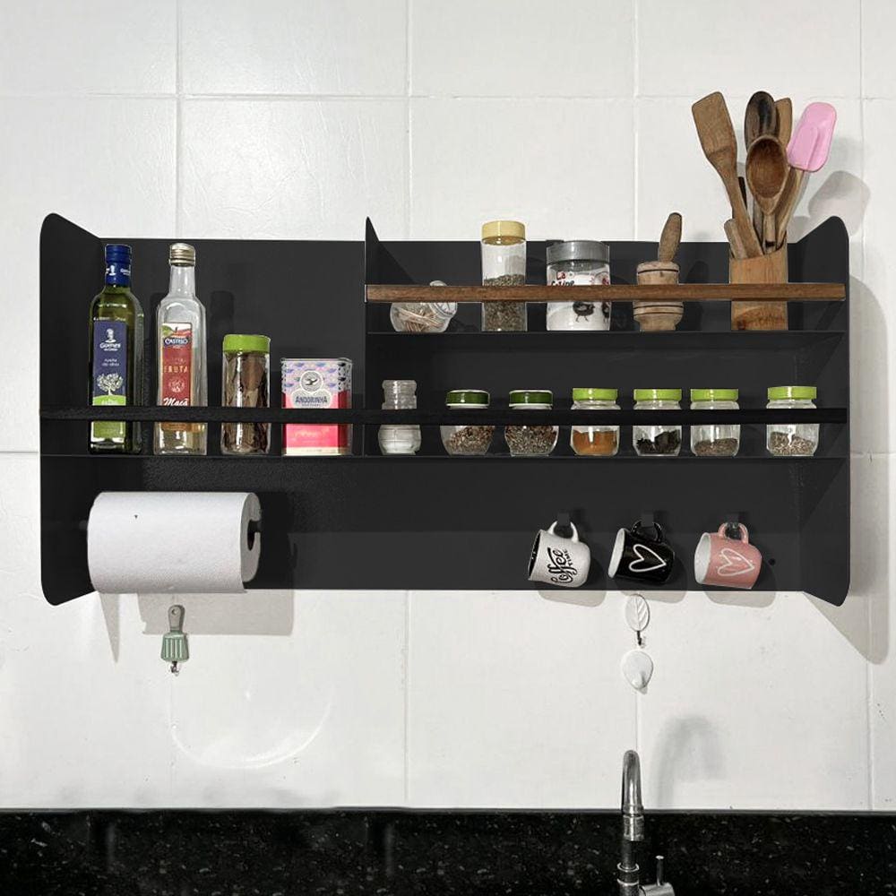 Porta Temperos em Aço Carbono Preto e Madeira C/ Porta Papel - 100cm Linha Home