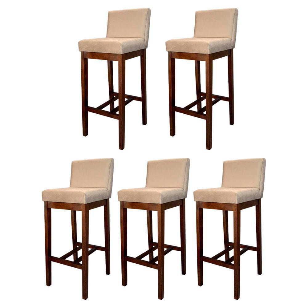 Kit 5 Banquetas Alta Estofada para Bancada de Cozinha Lisboa Madeira Capuccino Suede Bege CCS