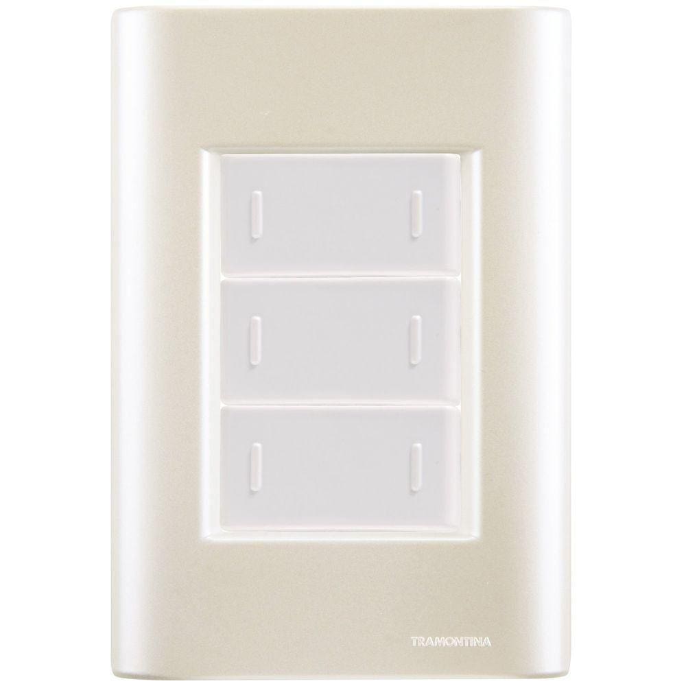 Cj Placa Três Interruptor Triplo Giz Pérola Tramontina Completo Pronto Tramontina