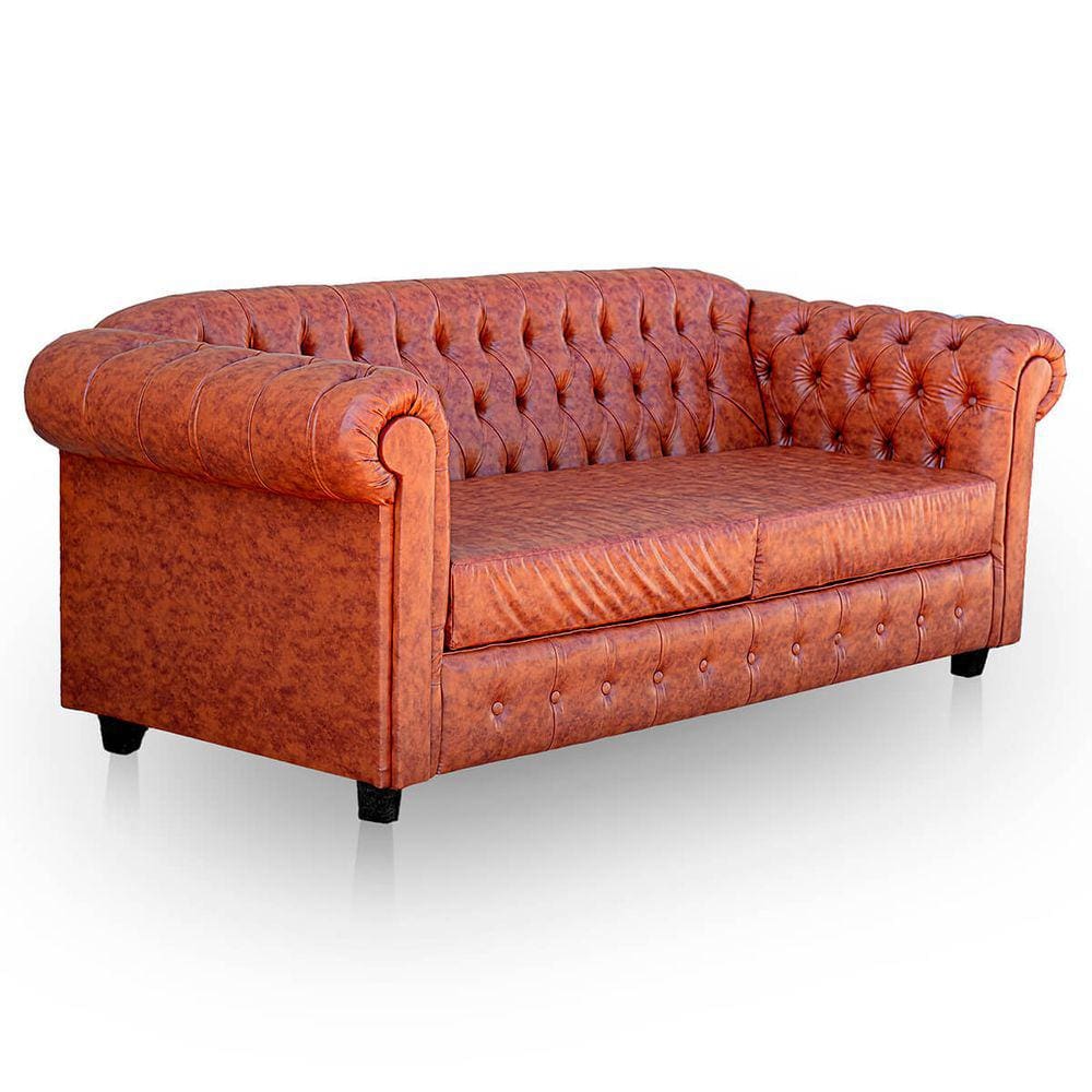 Sofá Chesterfield 3 lugares Couro Sintético Luxo Marrom