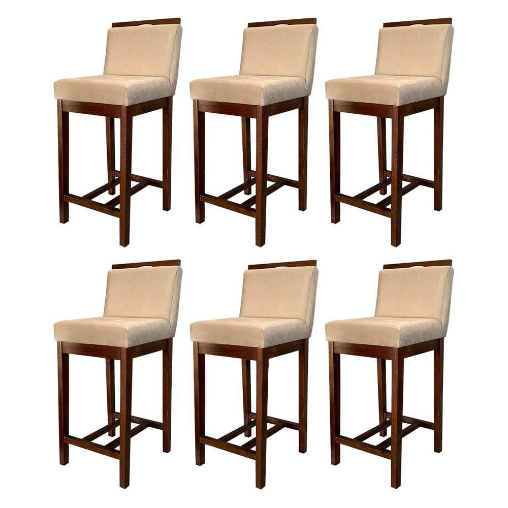 Kit 6 Banquetas Média Gourmet para Cozinha Líbia Madeira Capuccino Suede Bege CCS