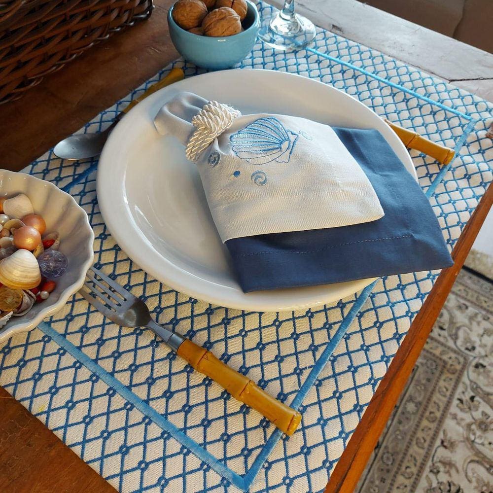 Kit Mesa Posta Completo Tecido Azul Colmeia - Concha 2Un