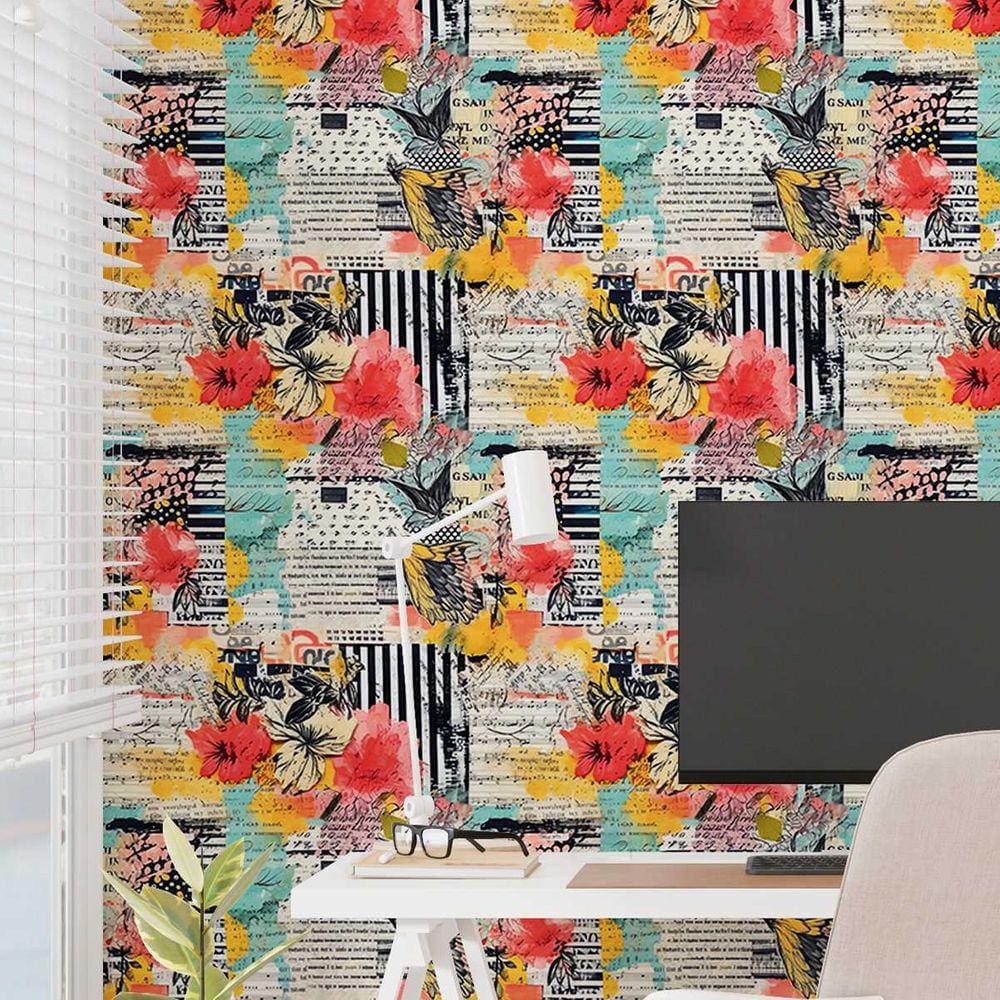 Papel de Parede Auto adesivo Colagem tipo lambe lambe floral vermelho Decorado Vinil Sala 18m