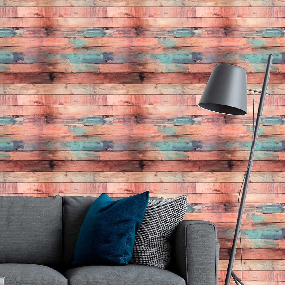 Papel de Parede Auto Adesivo efeito Madeira Clara demolição colorida Lavavel Quarto Sala 18m