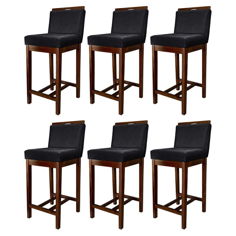 Kit 6 Banquetas Média Gourmet para Cozinha Líbia Madeira Capuccino Suede Preto CCS
