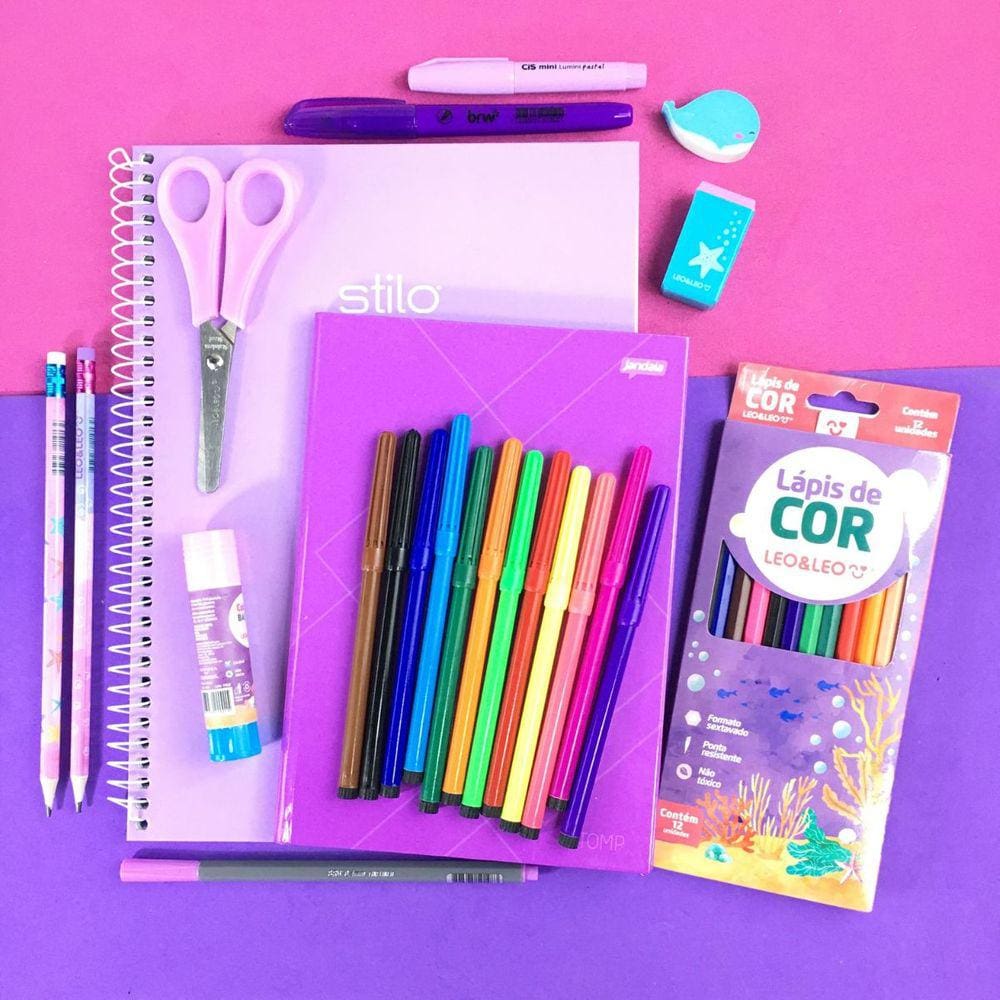 Kit Papelaria Tons de Roxo Lilas Escolar Neon Pastel Material Escolar Caderno Lapis Canetinha