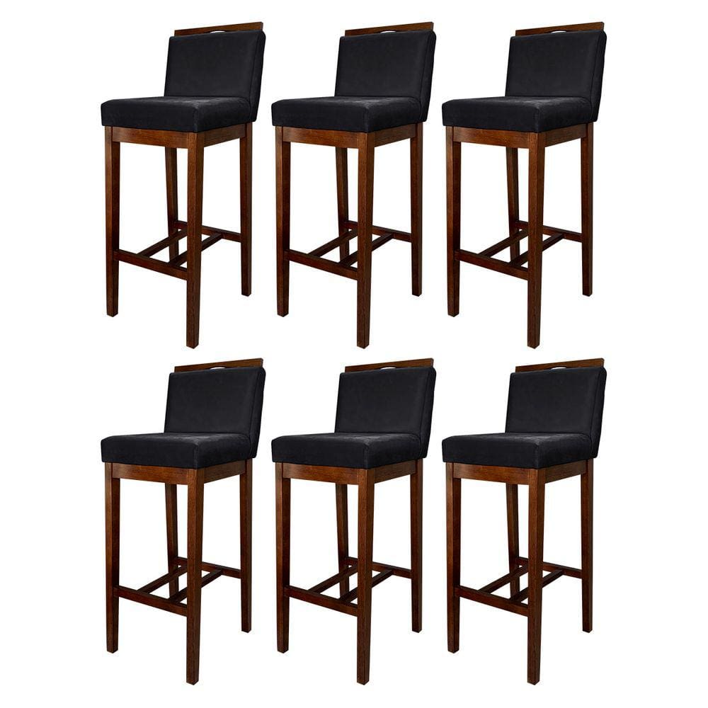 Kit 6 Banquetas Alta Estofada com Encosto Líbia Madeira Capuccino Suede Preto CCS