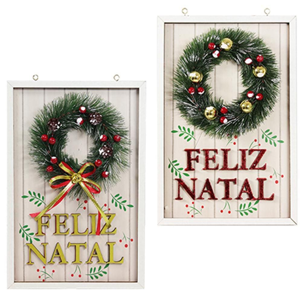 Quadro De Madeira Feliz Natal Com Guirlanda 30X20cm
