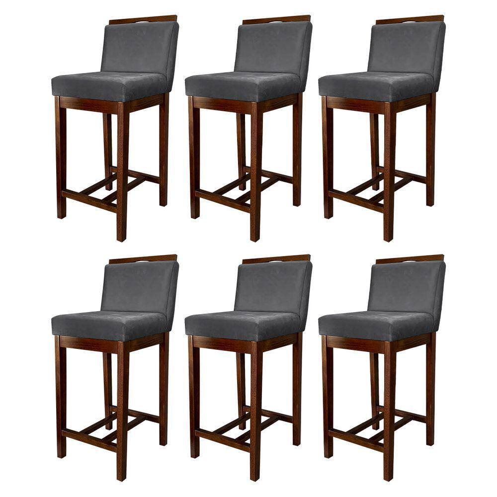 Kit 6 Banquetas Média Gourmet para Cozinha Líbia Madeira Capuccino Suede Cinza CCS