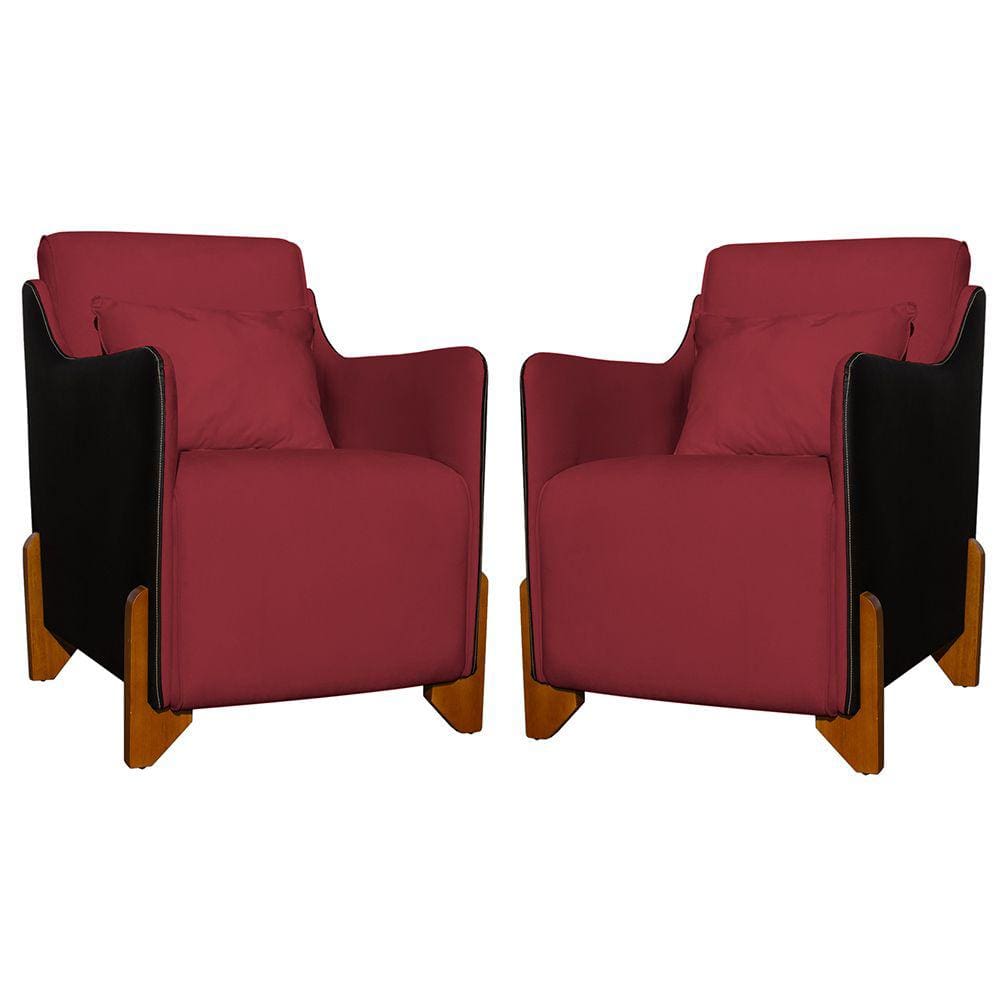 Kit 2 Poltronas Decorativas Pés Madeira Heloisa Veludo Composê em Corino Preto - Estopar