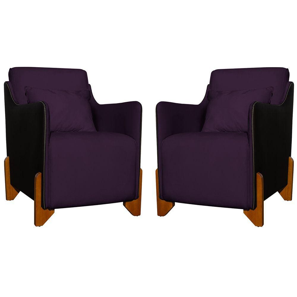Kit 2 Poltronas Decorativas Pés Madeira Heloisa Veludo Composê em Corino Preto - Estopar