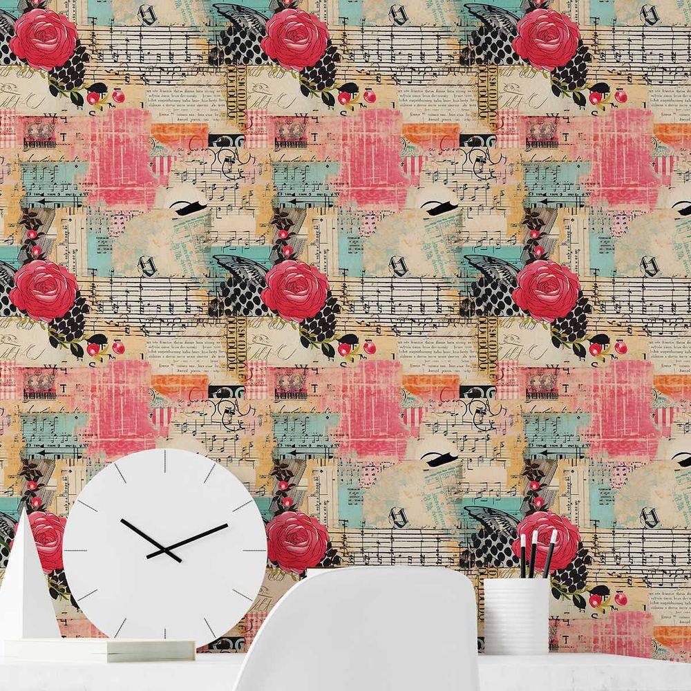 Papel de Parede Auto Colante Colagem colorida Floral personalizado decorativo Lavavel Quarto 6m