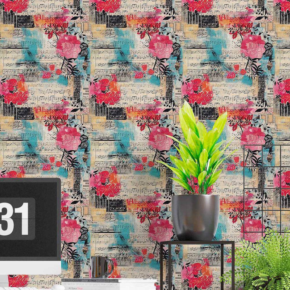 Papel de Parede Auto adesivo Colagem efeito lambe lambe floral rosa decorado Lavavel quarto 18m