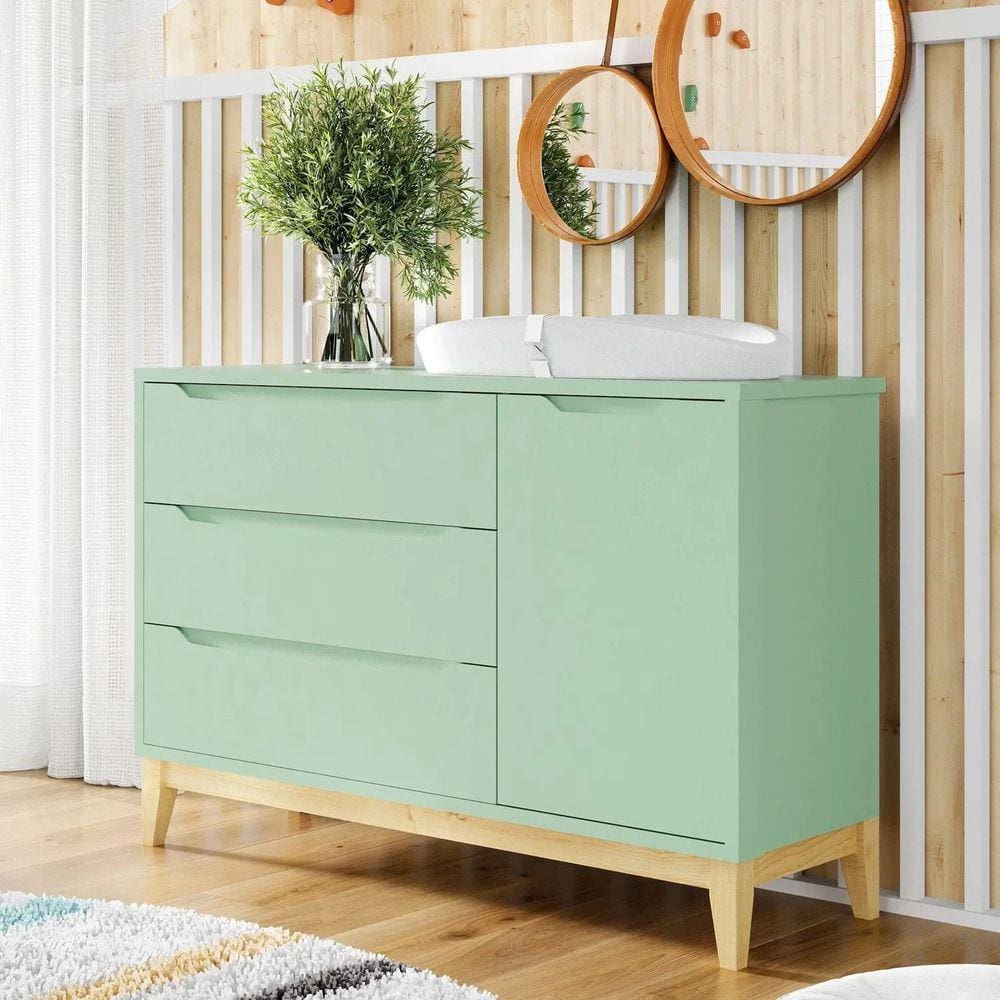 Cômoda Infantil Retrô 3 Gavetas e 1 Porta Amor Perfeito Divicar Móveis Verde/Pinus Marroml