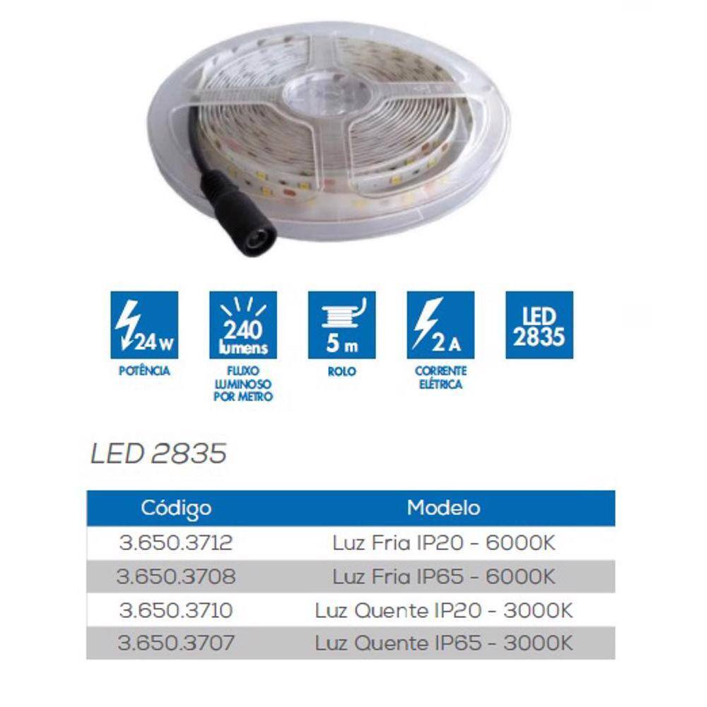 Fita De Led 24w 12v Bivolt Com Fita Dupla Face Branco Quente 3000k Rolo com 5 metros