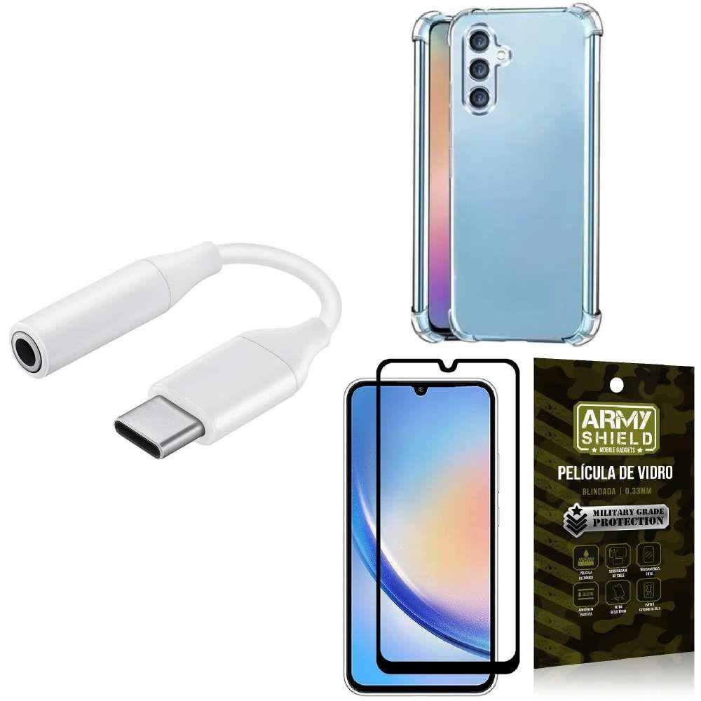 Capinha Samsung A34 + adaptador Tipo C para Fone P2 + Película 3D