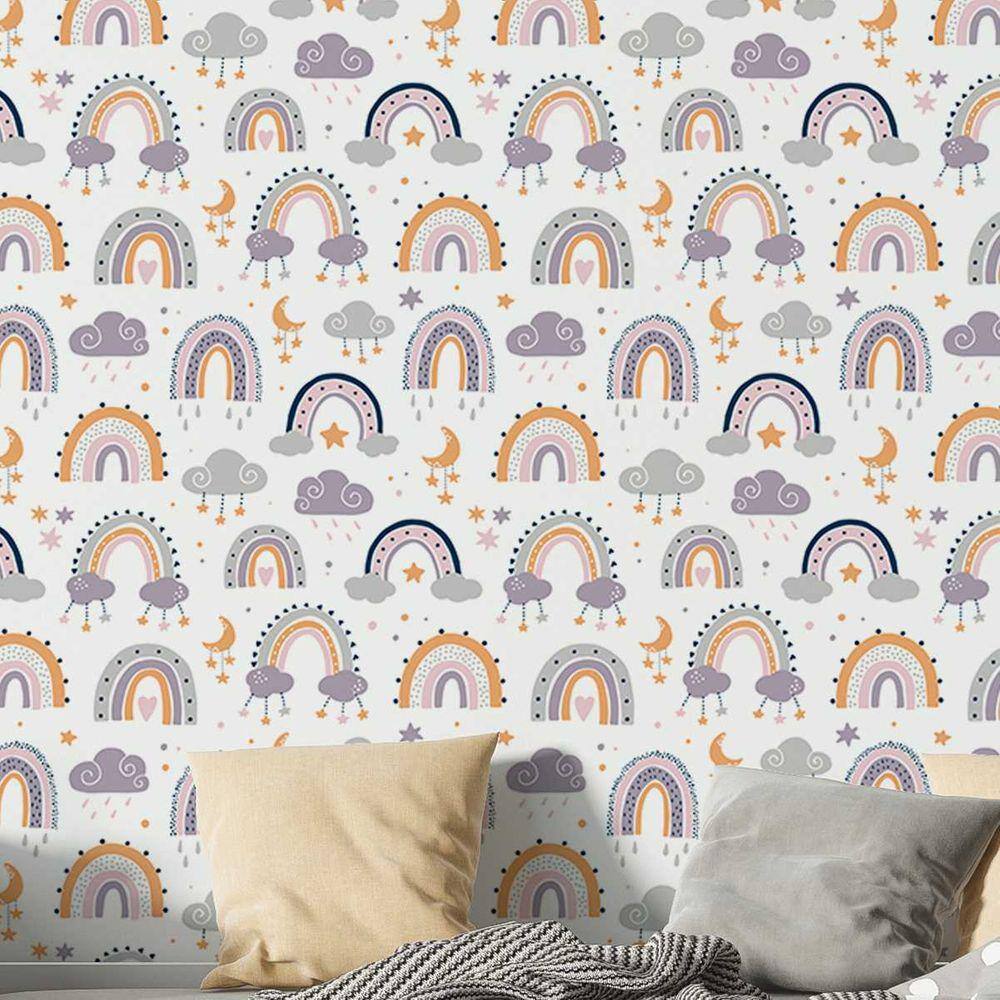 Papel de Parede Auto Colante Infantil Aquarela Arco-iris roxo Vinil Decorativo Quarto sala 9m