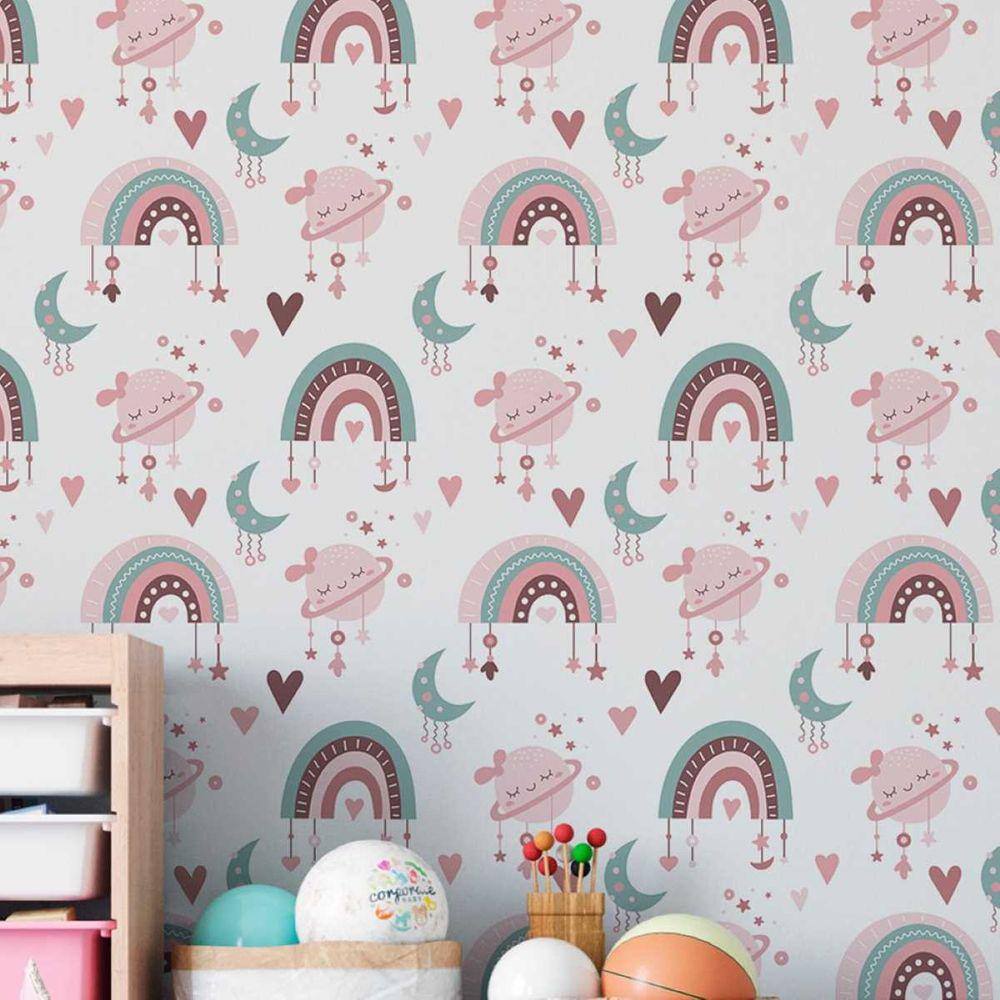 Papel de Parede Auto Colante Aquarela Infantil Coracao rosa decorado Vinil Quarto Menina 15m