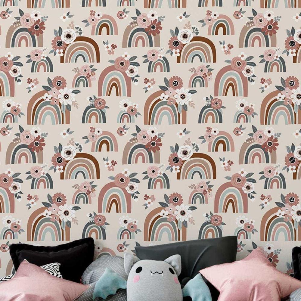 Papel de Parede Auto Colante Aquarela infantil floral colorida Vinil Quarto Sala Cozinha 12m