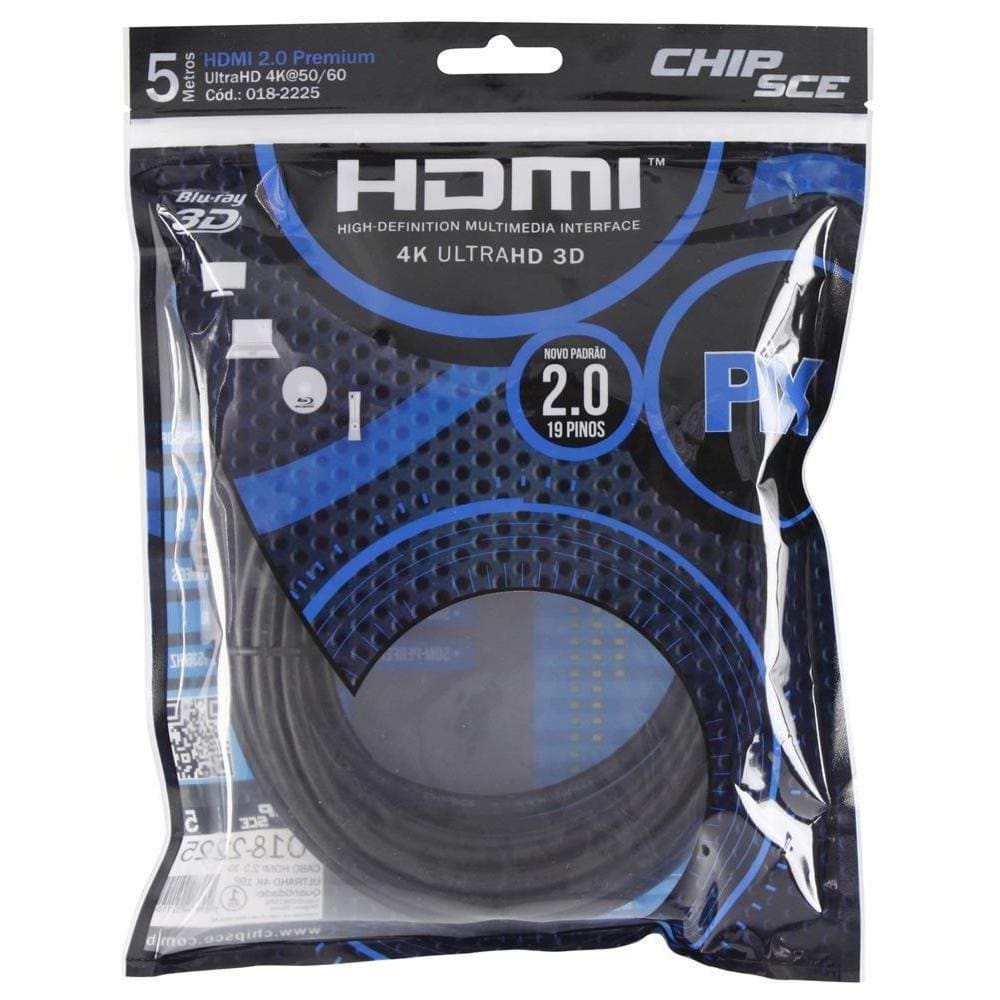 Cabo HDMI 2.0 Premium - 5 metros - 19 pinos - 4K UltraHD 3D - Chip SCE 018-2225