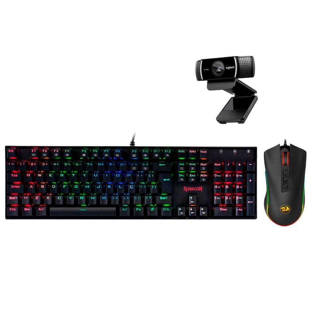 Kit Gamer Redragon - Teclado Mecânico MITRA RGB + Mouse Cobra Chroma + Webcam Logitech C922 Pro