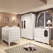 Quarto de Bebê com Guarda Roupa Cômoda com Janelas e Berço com Botões encapados Maya Provençal 100% Mdf Branco Brilho