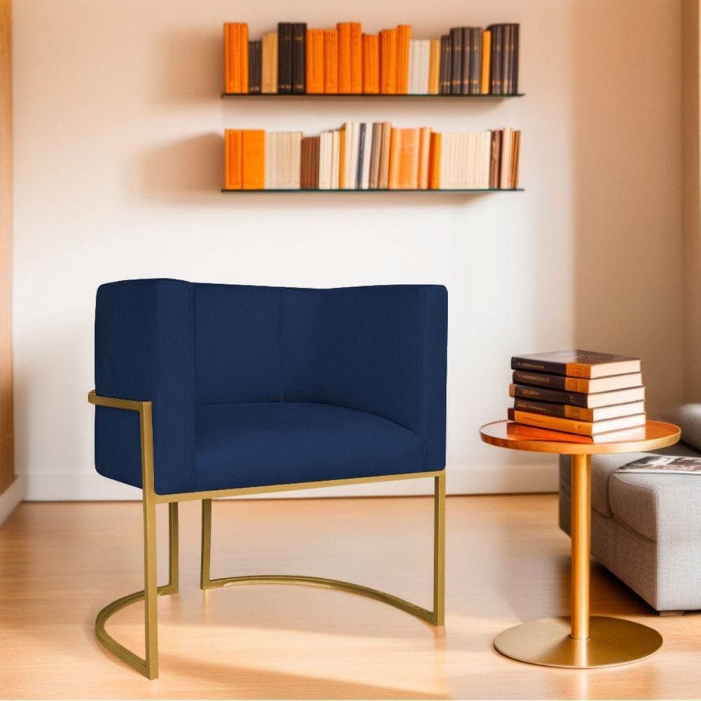 Poltrona Decorativa Base de Ferro Suede Munique Azul Marinho/Dourado