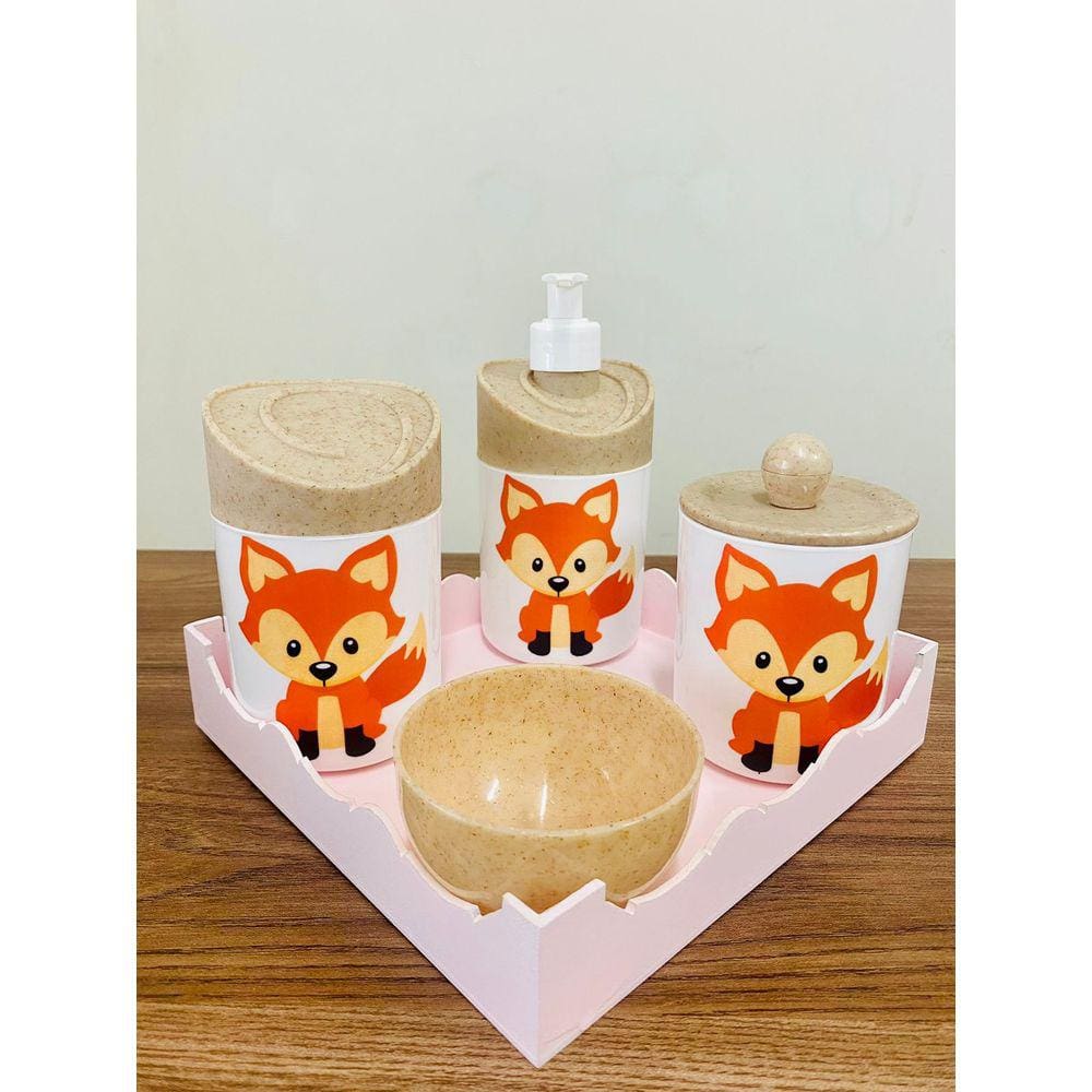 Kit Higiene Raposinha Baby c/bandeja quadrada rosa