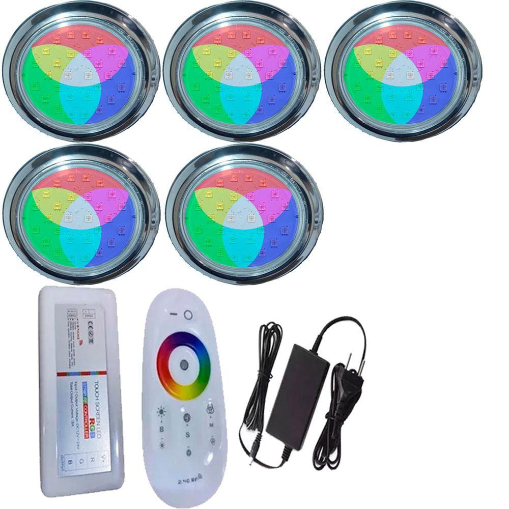 Kit 05 LUMINARIA PISCINA HIPER LED 15W INOX 316 RGB ROSCA