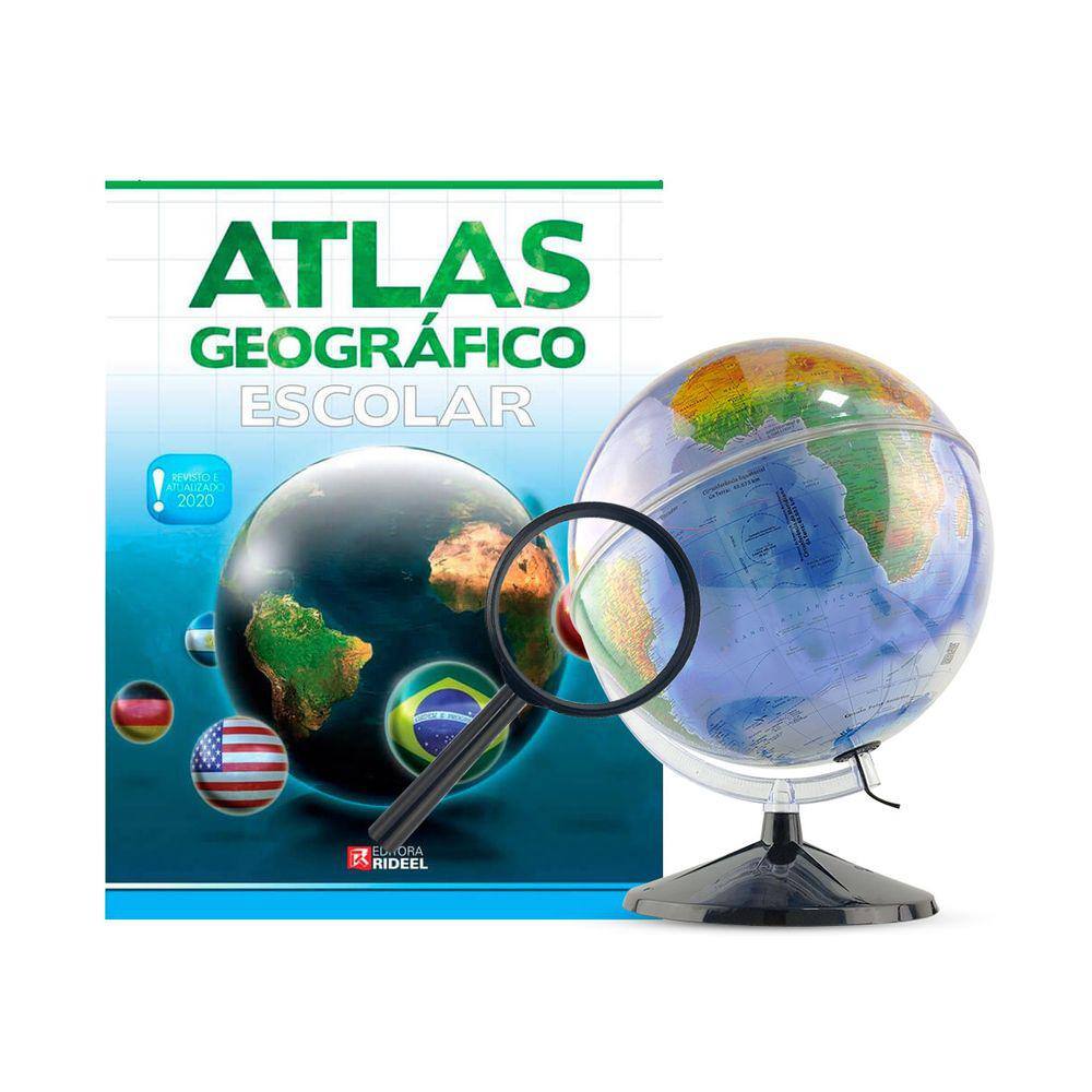 Kit Globo Terrestre Profissional Mondo 30CM + Lupa +  Livro Atlas Escolar Com Divisão De Países Base Em Plástico