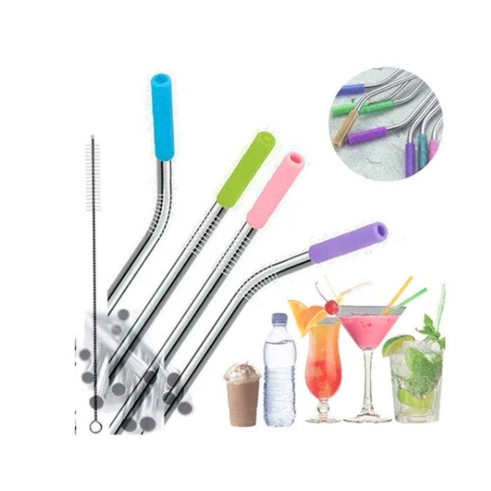 Kit Canudo Reutilizável Aço Inox C/ Limpador 3 Peças + 02 bicos de silicone - Ecológico